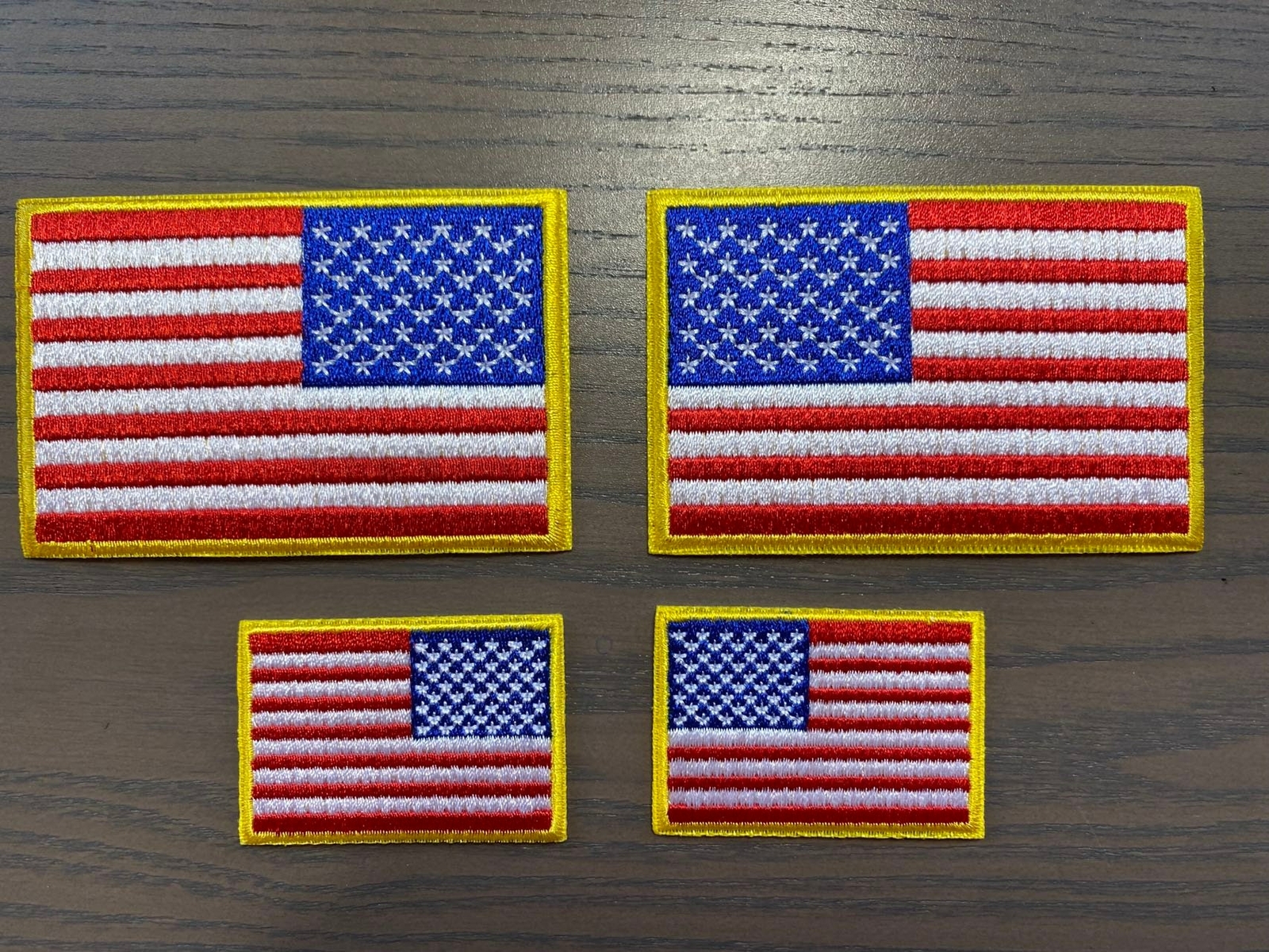 4 American Flag Iron-on Patches Regular & Reversed 1.75 x 1.25 & 3 x 2 in
