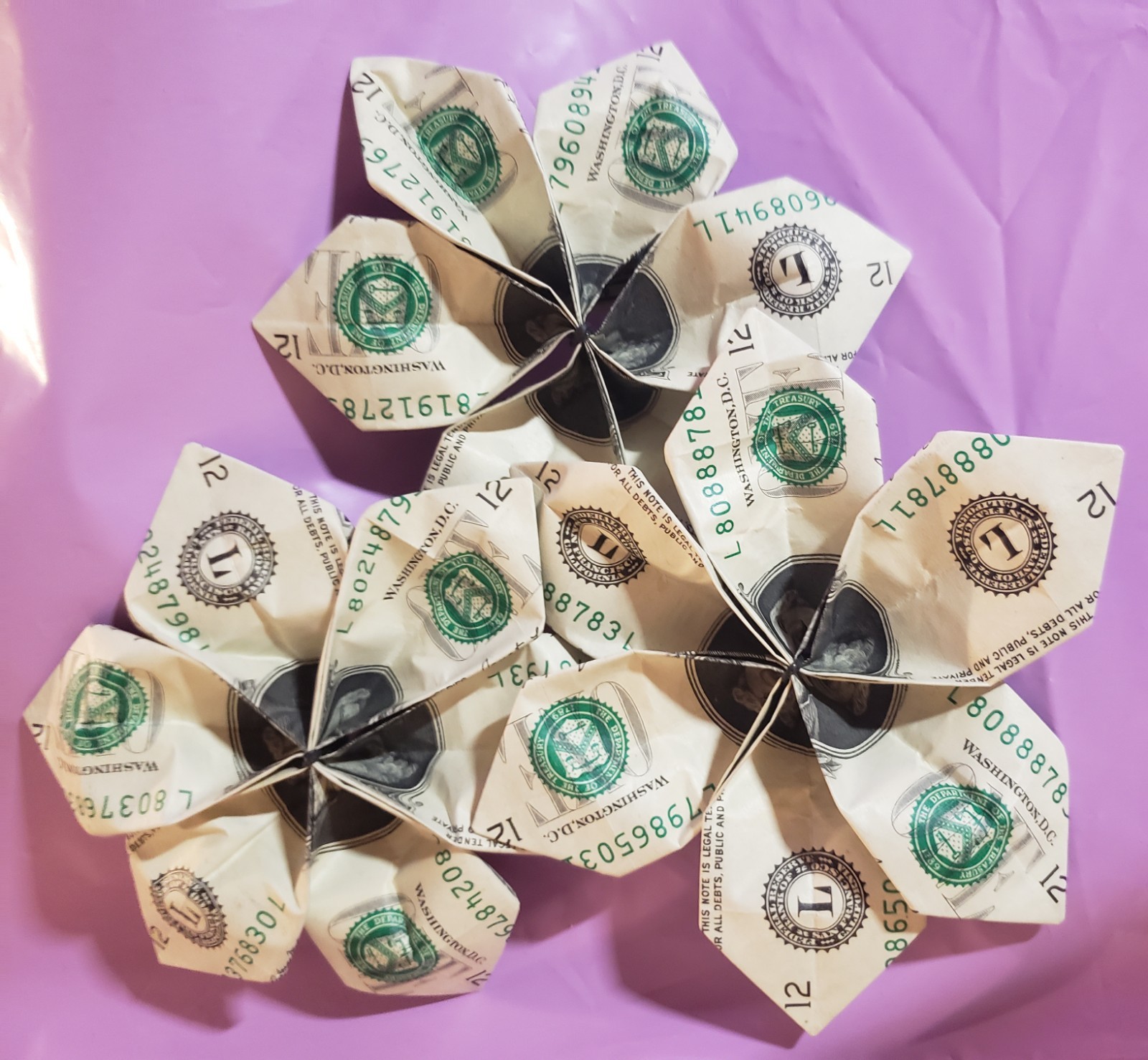 Lot of 6 ( 2 sizes) Handmade Origami Money Flowers Handcrafted Art