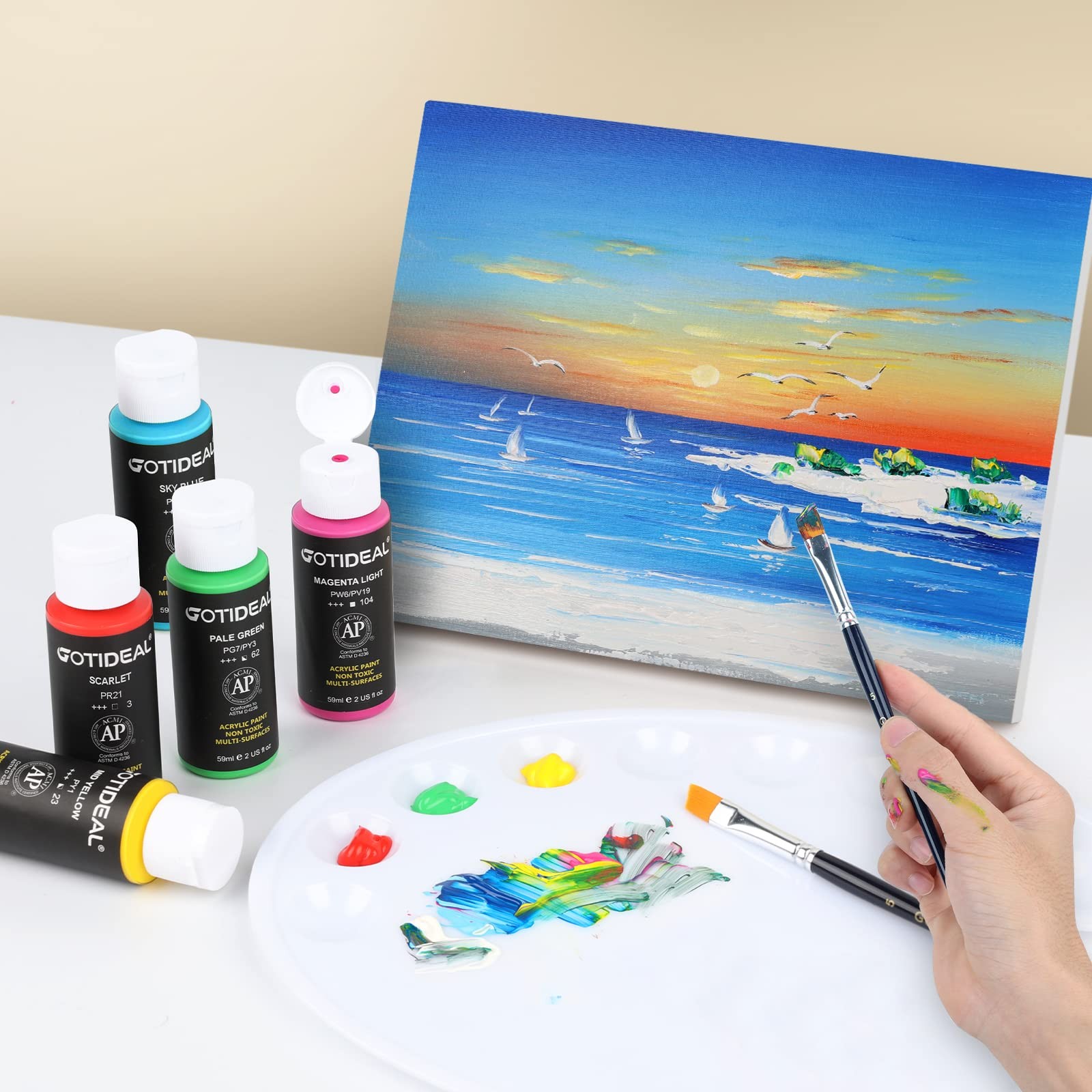 GOTIDEAL Acrylic Paint Set with 10 Brushes, 2 Fl Oz (Pack of 18), 18 Colors