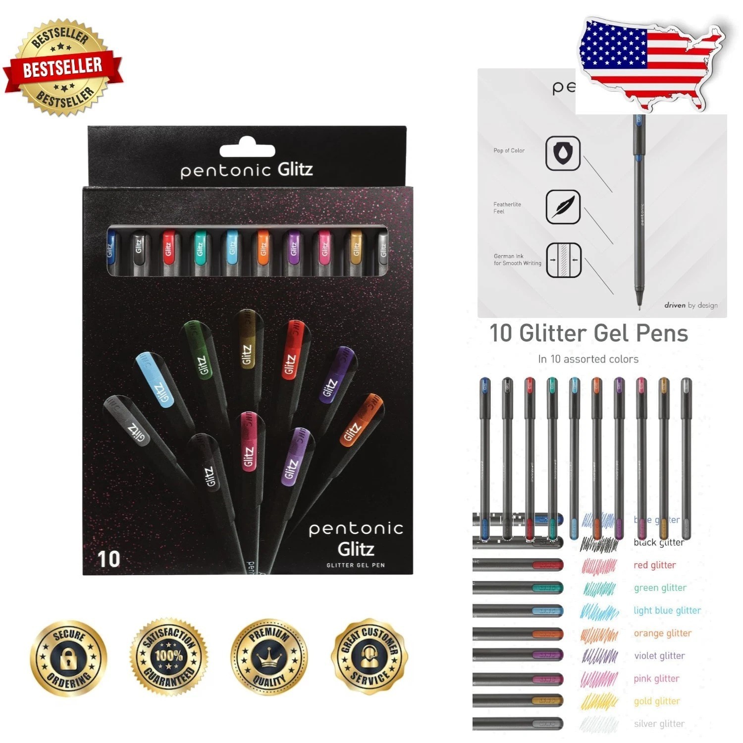 Pro Glitter Gel Pens 400ct, 10 Vivid Colors, 1.0mm Bold Tip, Smooth Writing, …
