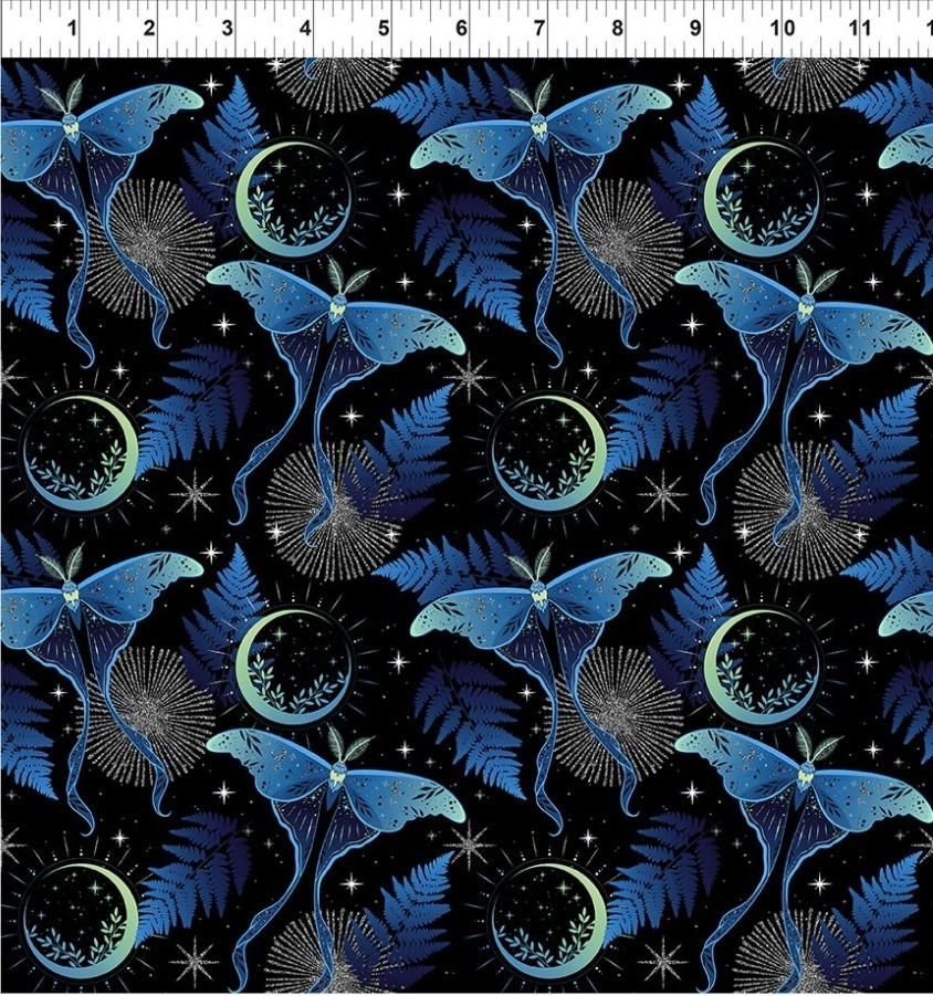 “La Luna” Blue/Silver Lunar Moths & Moons Fabric-100% Cotton•BTY•Fast Ship!