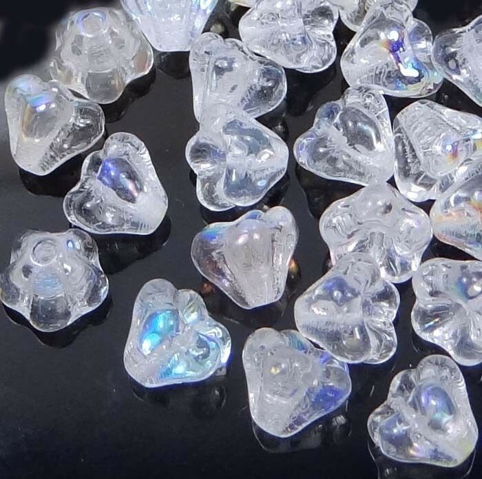 25 Czech Glass Baby Bell Flower Beads – Crystal AB 6x4mm