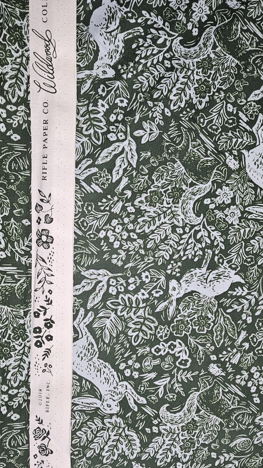 Wildwood Leaf Green Bunnies Fable By the yard X 43 Inches Cotton Rifle Paper Co.