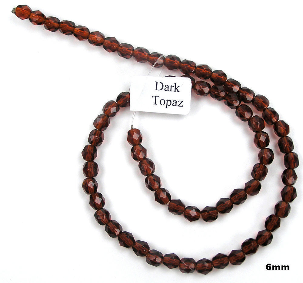 Czech Fire Polished Round Faceted Glass Beads in Dark Topaz, 16” strand, brown