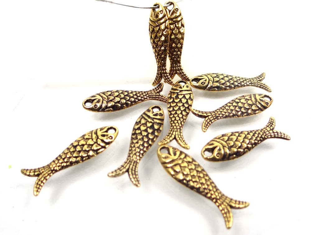 10 Antique Tibetan Style Gold Pewter Fish Bead Charms 24x7mm