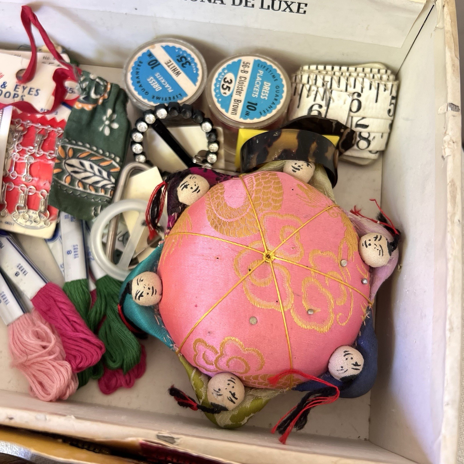Vintage Sewing Kit / Junk Drawer / Trinket Box Dolls Pin Cushion Notions Buttons