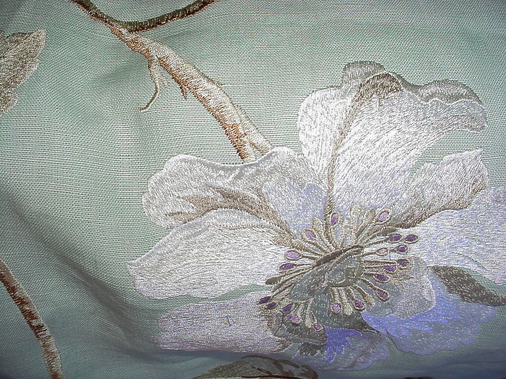 2-3/8Y Brunschwig & Fils BF10012 Longford Aqua Embroidered Floral Linen Fabric