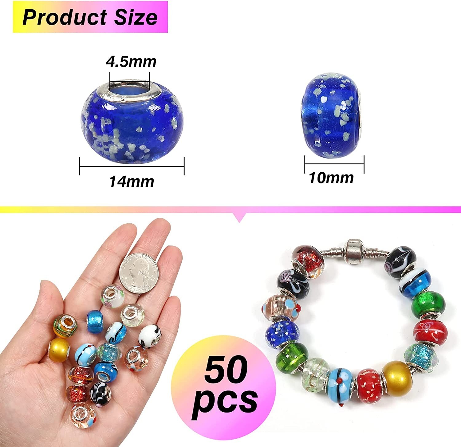 TOAOB 50pcs Assorted Glass European Lampwork Beads Large Hole Spacer Beads NEW