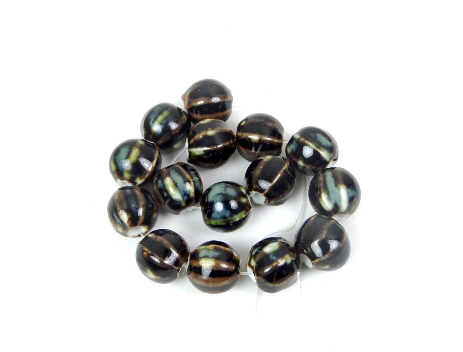 10 Forest Picasso Glazed Porcelain Pumpkin Melon Corrugated Round Beads 10mm