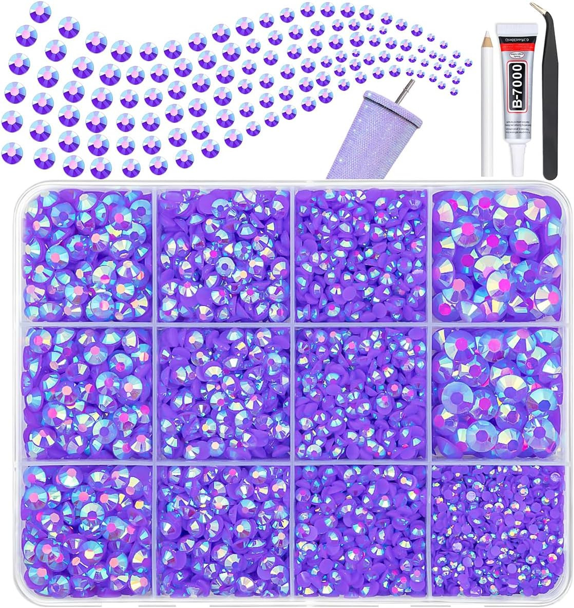 12000Pcs Dark Purple AB Resin Rhinestones W B7000 Glue for Crafting | 2Mm-6Mm Fl