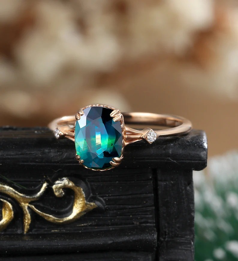 Blue green sapphire engagement ring, Oval peacock sapphire halo diamond ring
