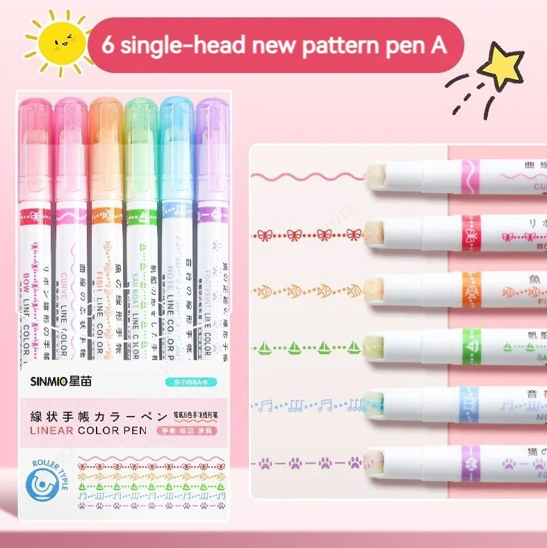 6pcs Flower Line Highlighter Set Roller Tip Curve Marker Kawaii Stationery – NEW