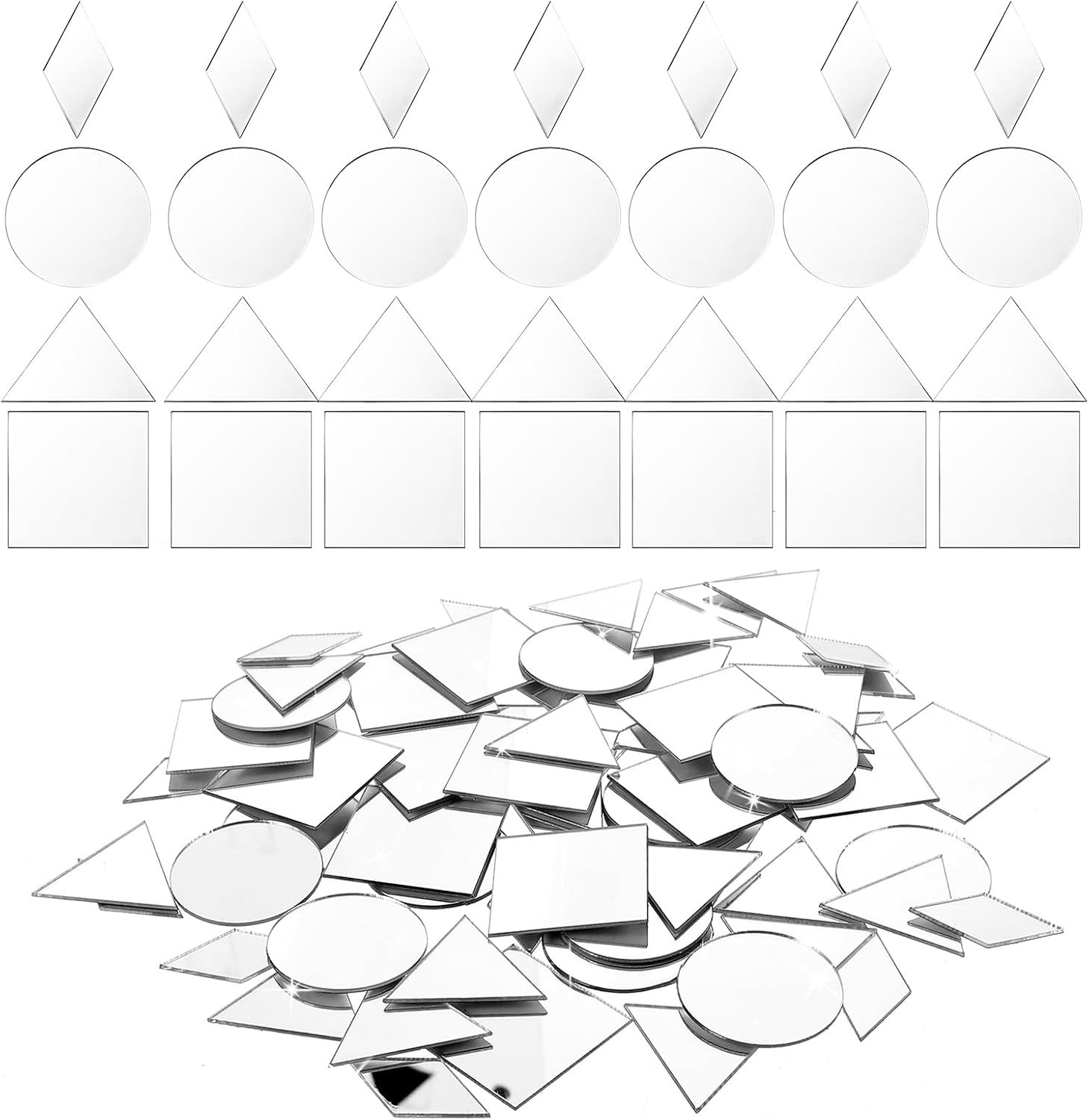 120Pcs Small Mirrors for Crafts, 4 Shapes Mini Mirror Pieces Small, Silver