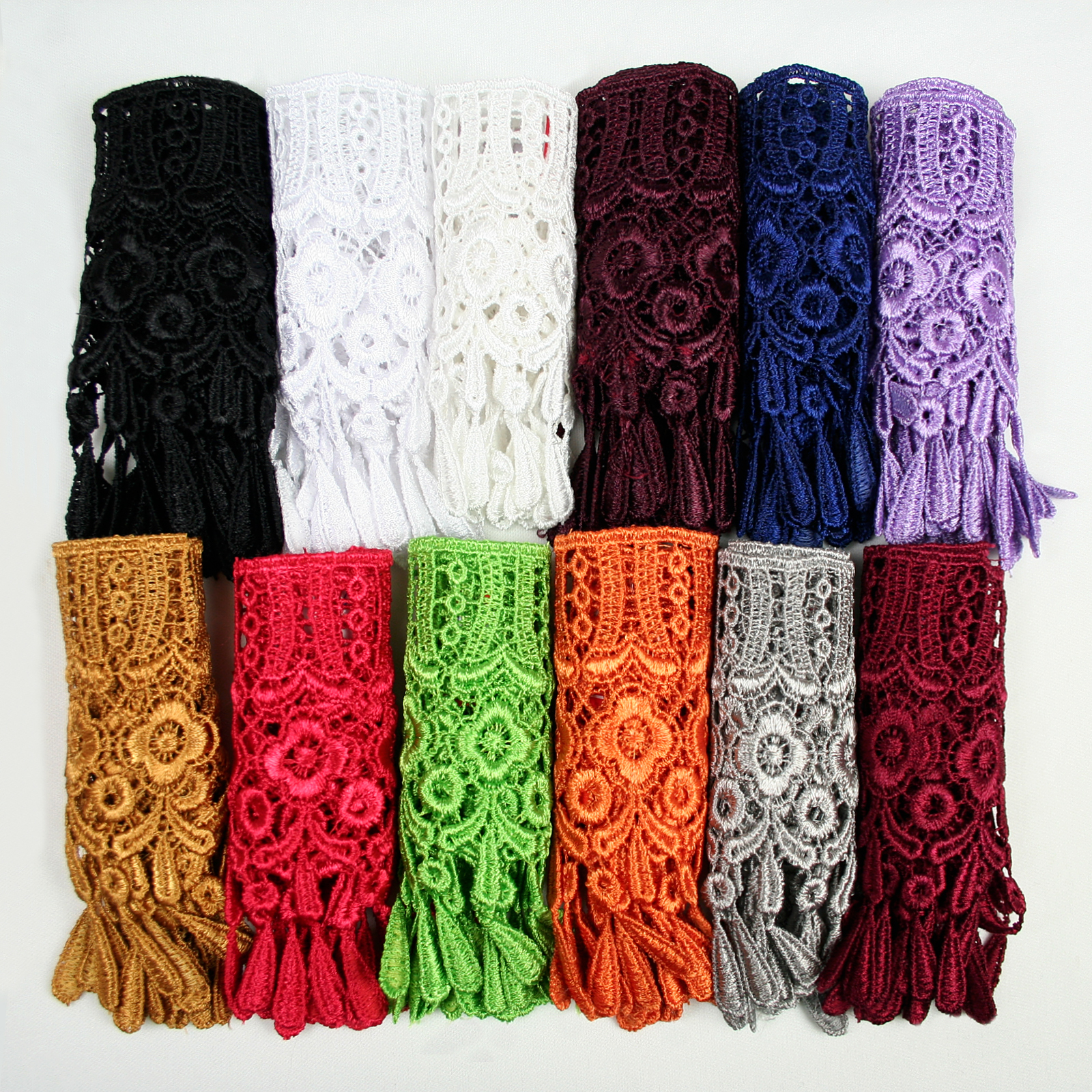4″ White Black Ivory Red Blue Gray Teardrop Fringe Venice Lace Trim Sold By 15″