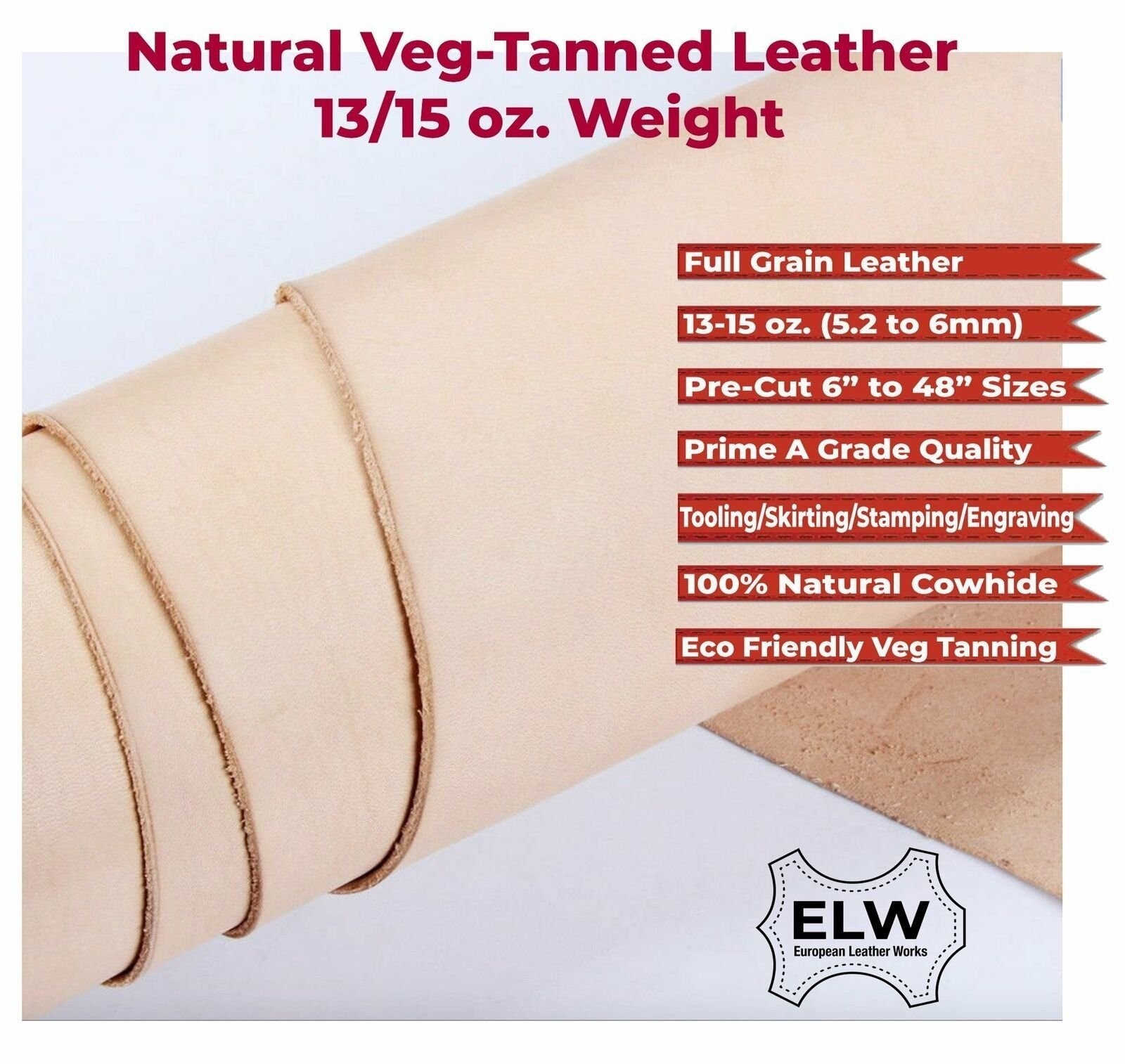 Veg Tan Full Grain Leather 13/15 Oz. (5.2-6mm) Heavy Thickness Pre-Cut 6″ to…