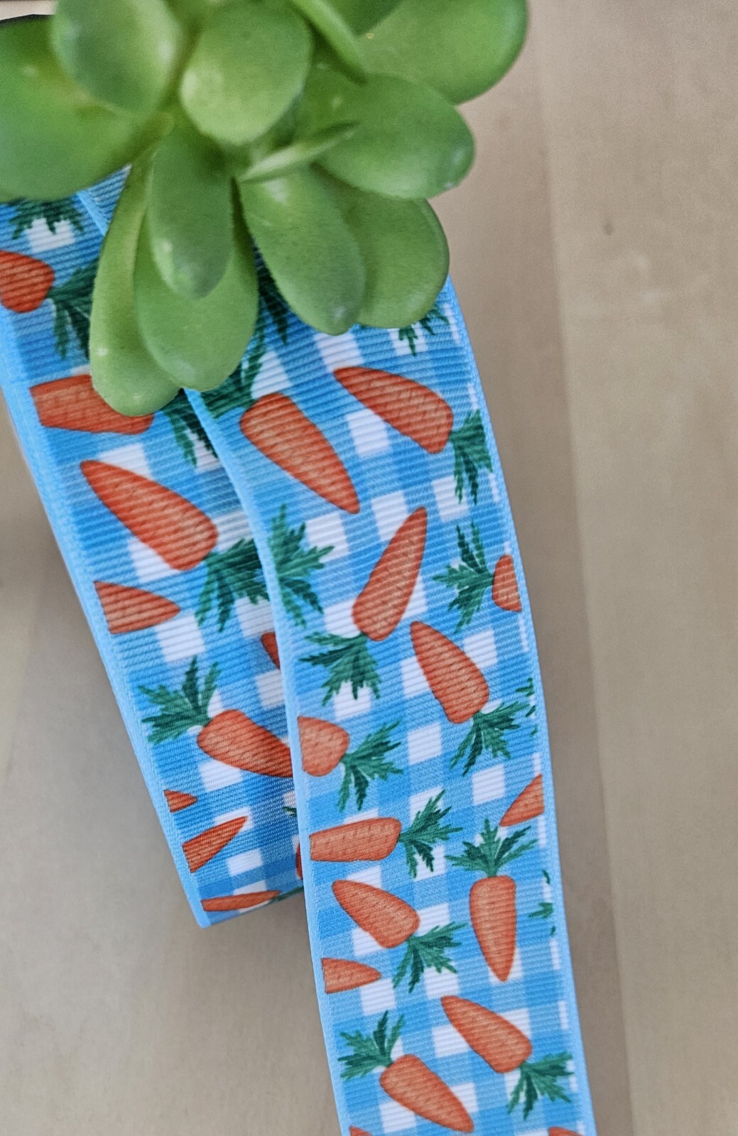 5/8, 7/8 & 1.5″ (1 YD) Easter Carrots Grosgrain Ribbon Blue & White Gingham