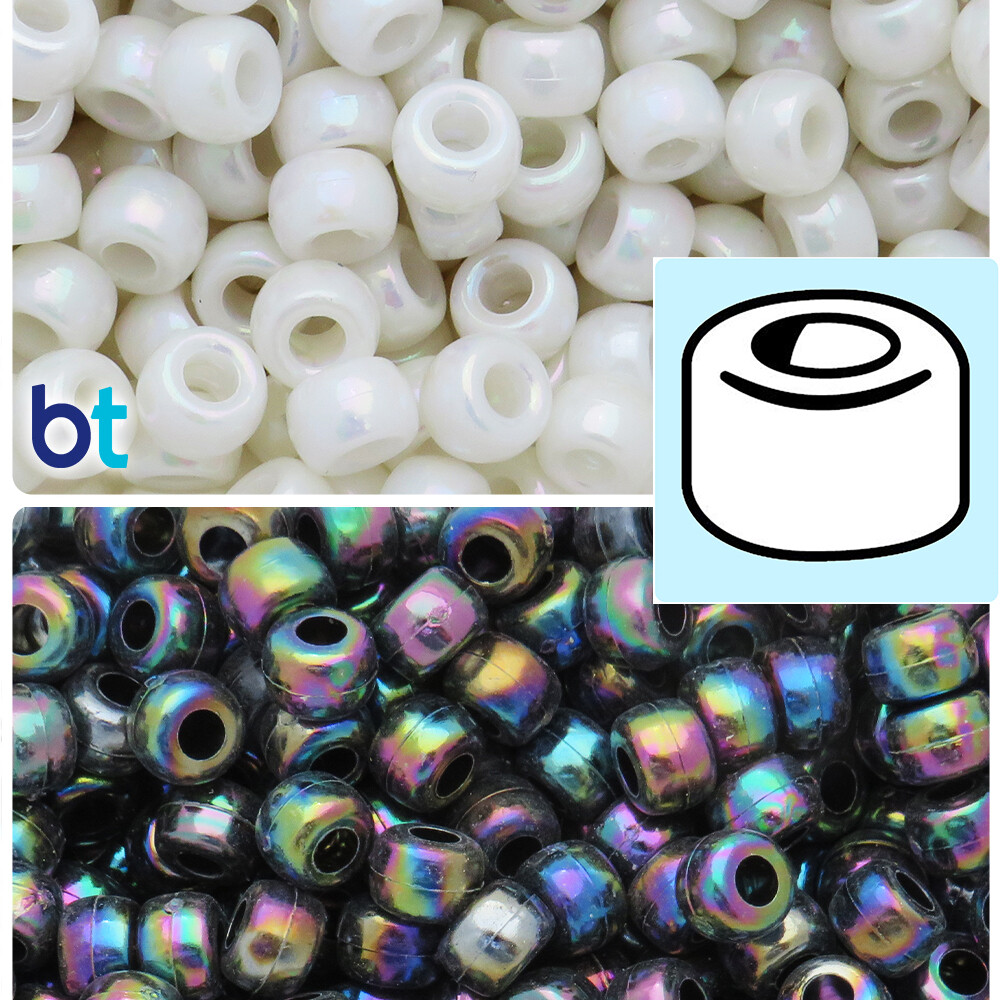 BeadTin 9mm Barrel Pony beads – Opaque AB (Aurora Borealis) – Color choice