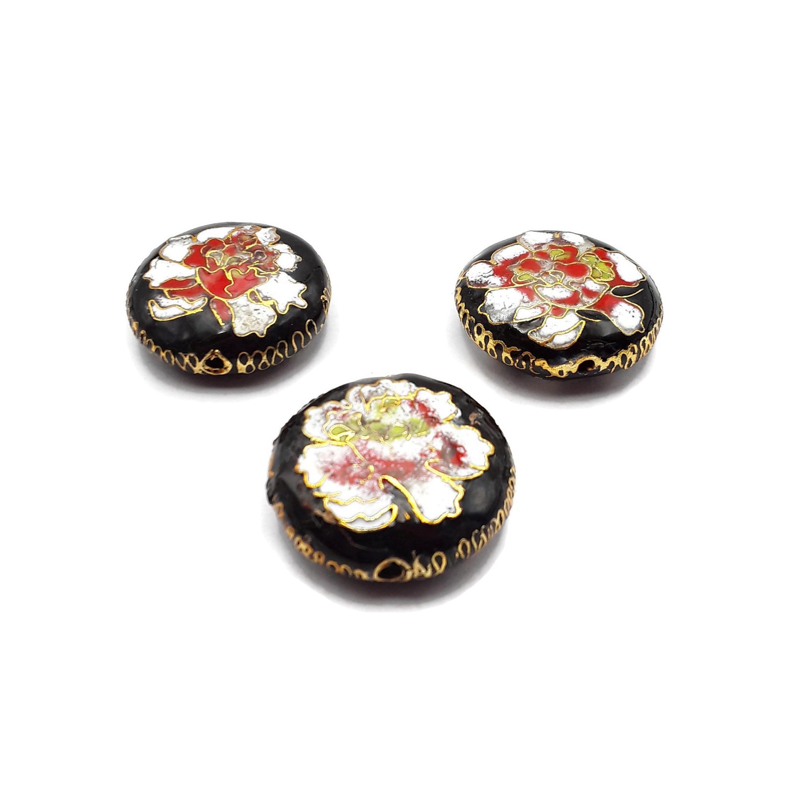 Vintage Cloisonne Black White Flower Handmade Flat Round Single Bead 28mm