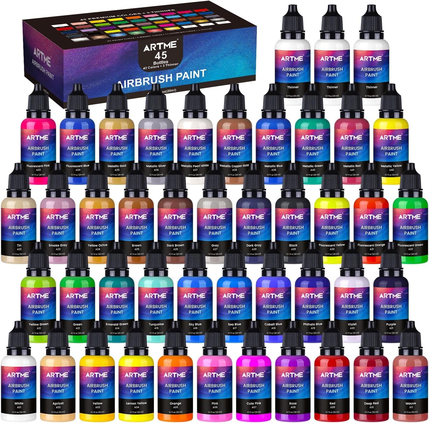 Airbrush Paint, ARTME 42 Colors with 3 Thinner, Ready to Spray, Opaque & Water B