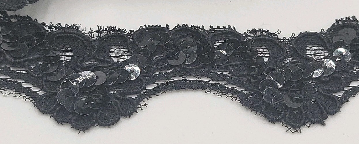 Vintage 1 1/2″ Scroll Black Sequin Lace Trim Corded 6 Continuous Yards