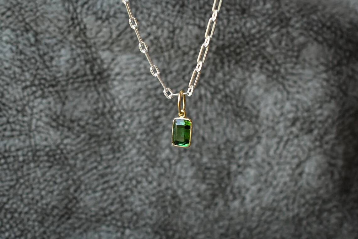 Green Tourmaline 18k Solid Gold Step Cut Charm Pendant Necklace Handmade Pendent