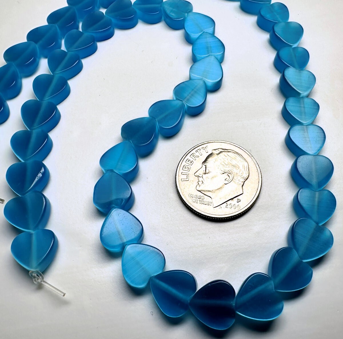 Bead, Turquoise Blue Cat’s Eye Fiber Optic Glass 8mm Flat Heart 1 Std(50) *