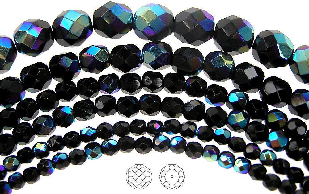 Czech Fire Polished Round Faceted Glass Beads in Jet black AB coated, 16″ strand
