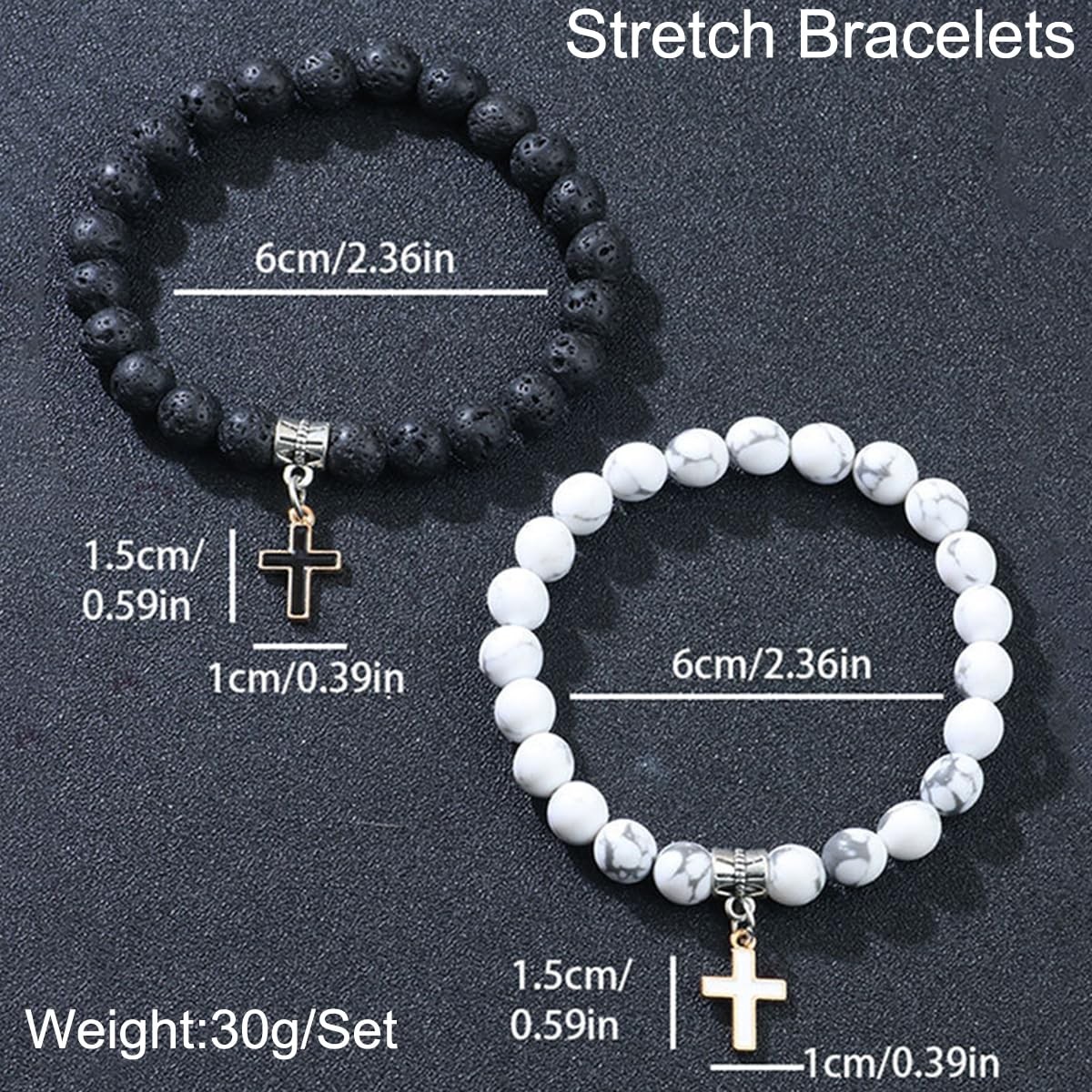 2 Pieces White Turquoise Black Beaded Bracelet for Women Unisex Cross Pendant Co