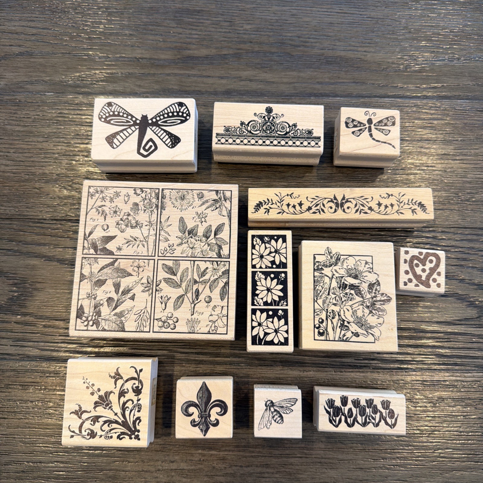 Vintage MAGENTA Rubber Stamp Lot Of 12 Floral Collage Dragonfly Art Craft Stamps