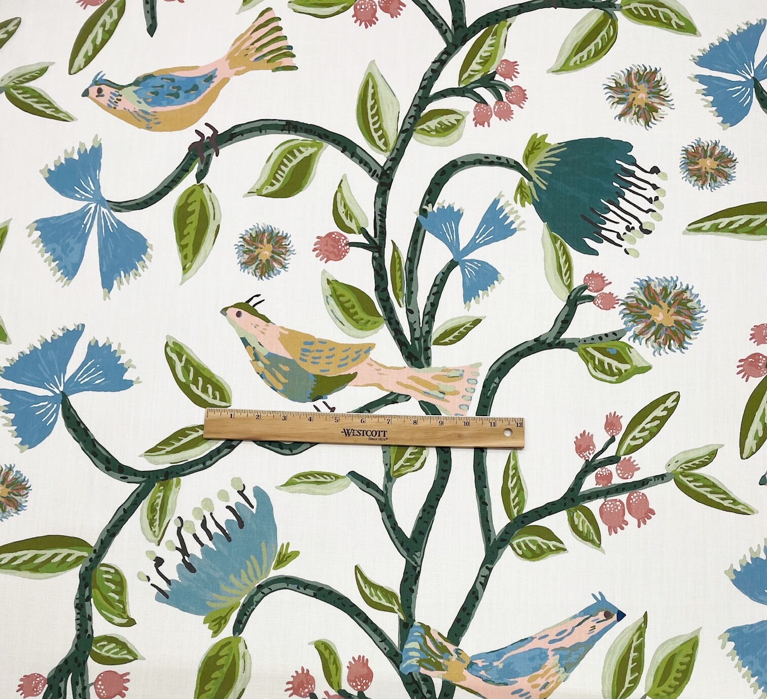 BALLARD DESIGNS LYLE GREEN BLUE LUSH LEAVES VINE SONGBIRDS FABRIC BY YARD 54″W