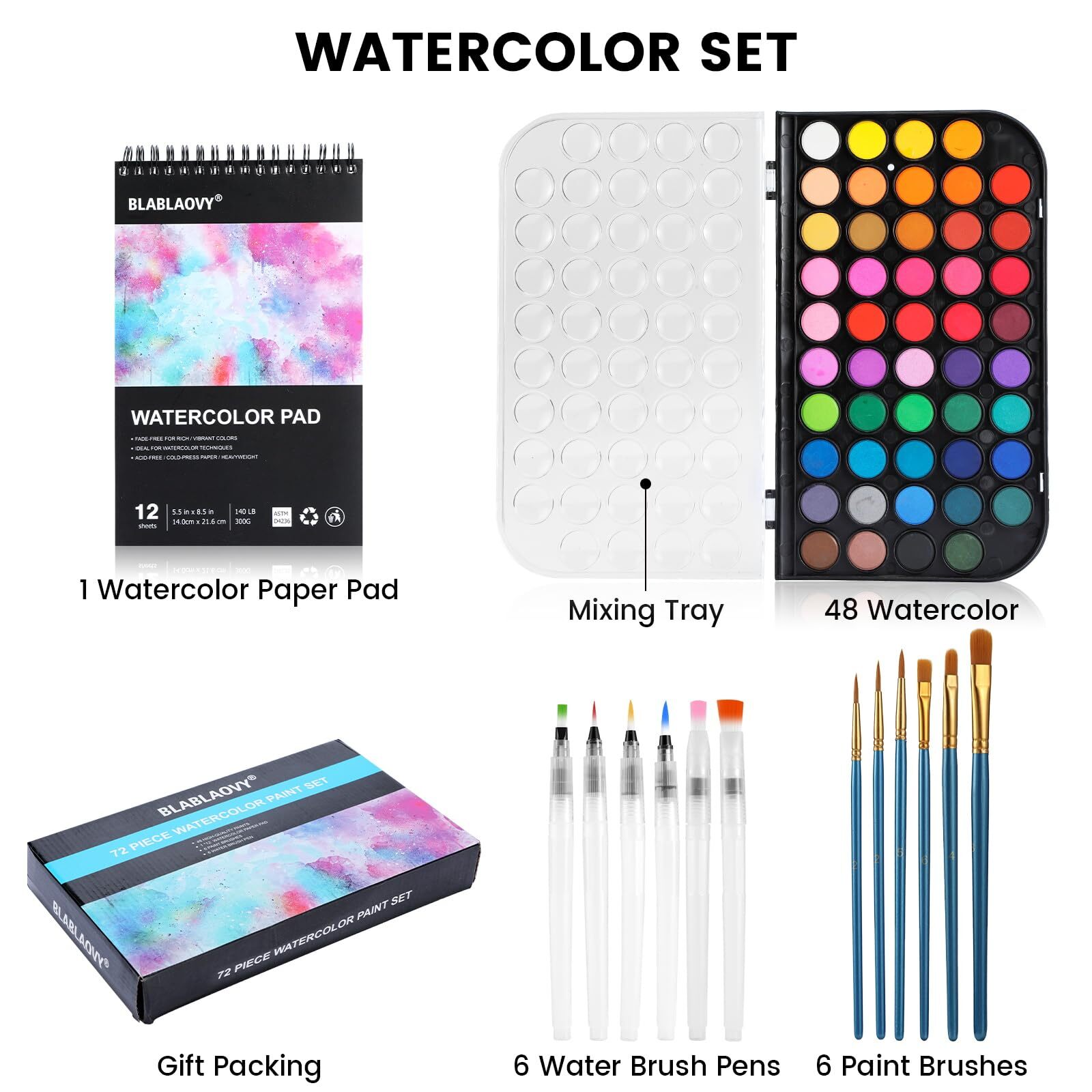 48-Color Watercolor Paint Set Washable with Brushes Pad Palette for All Ages