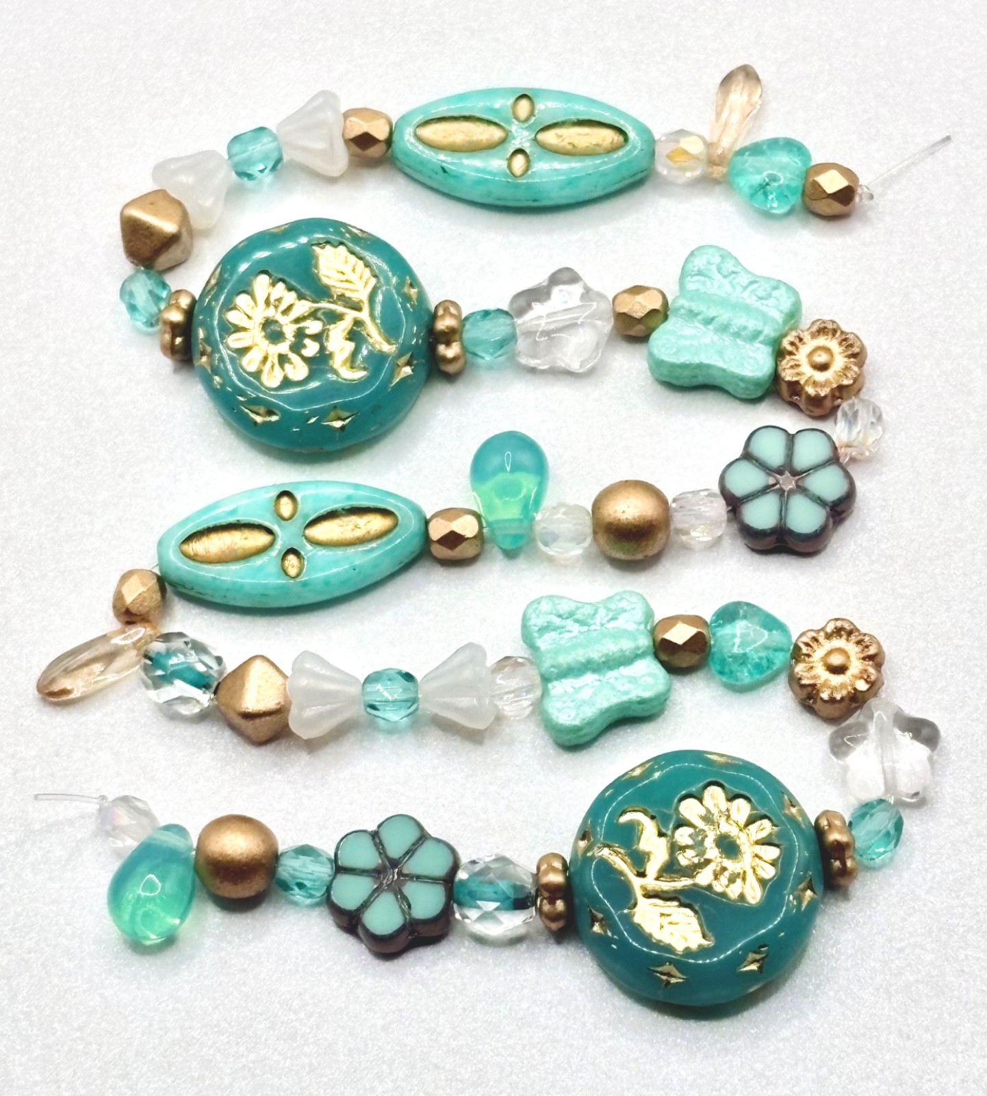 50 Czech Beads -ALL CZECH GLASS BEAD STRAND Turquoise/Gold Mixed Czech Glass Lot