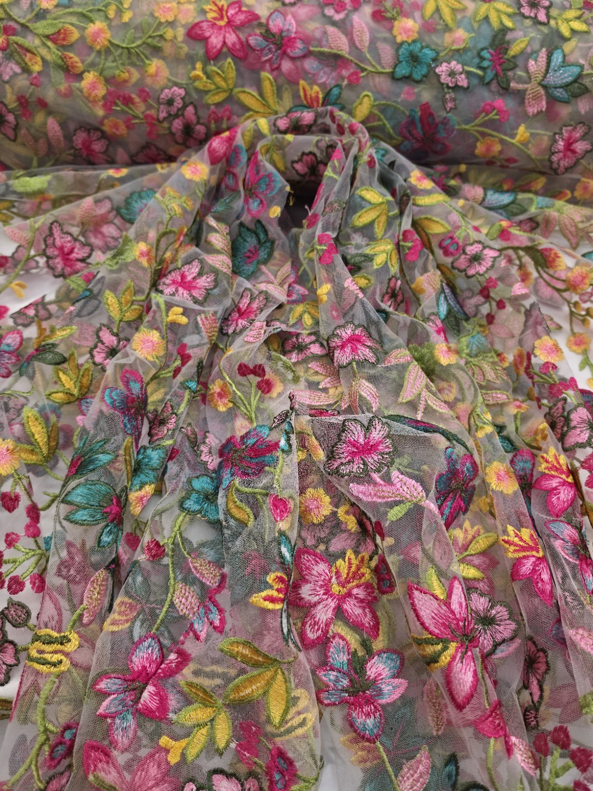 Fabric By The Yard Multicolor Lace Pink Fuchsia Embroidery Flowers On White Mesh