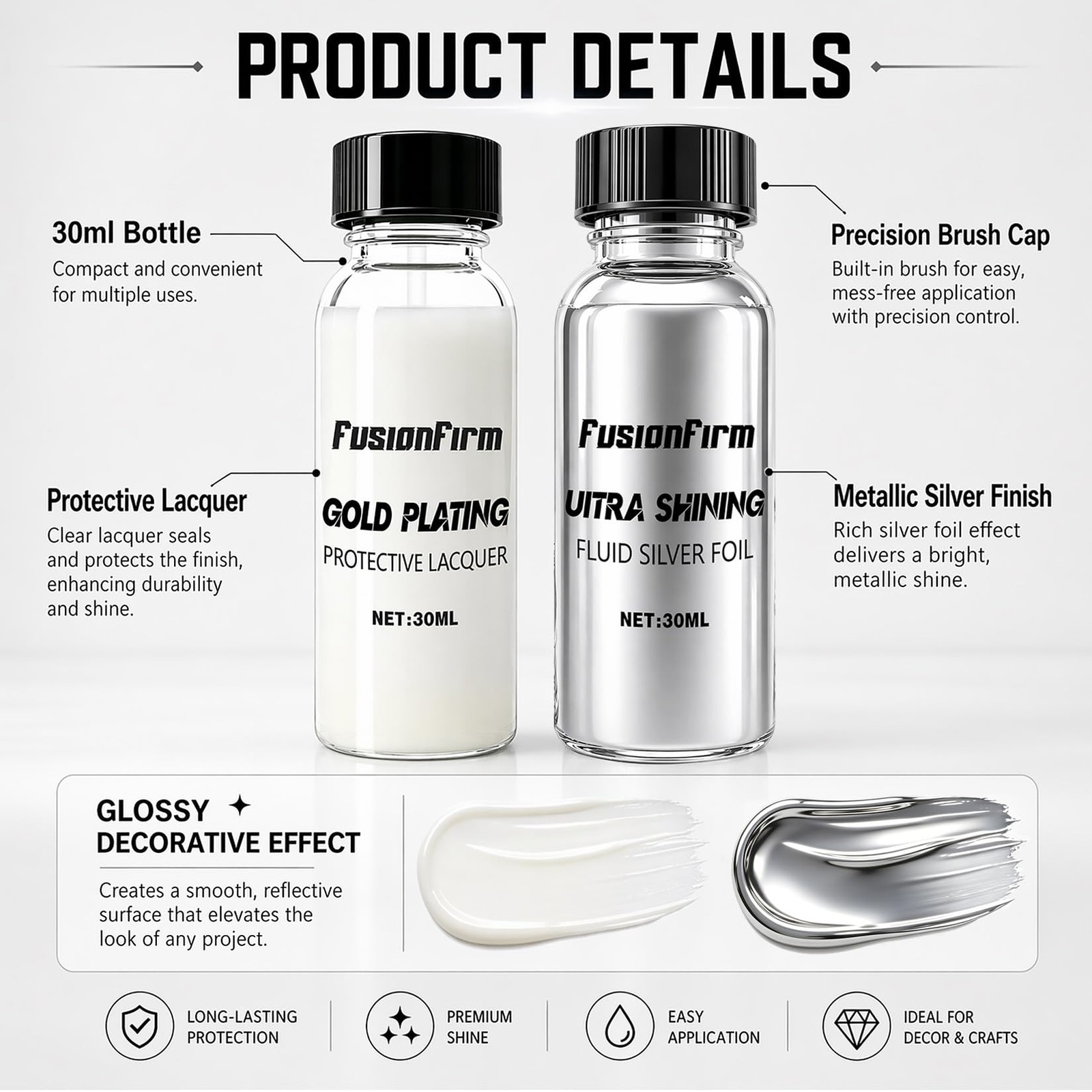 Liquid Leaf Paint Silver Alcohol-Based High Gloss Finish 1 Fl Oz