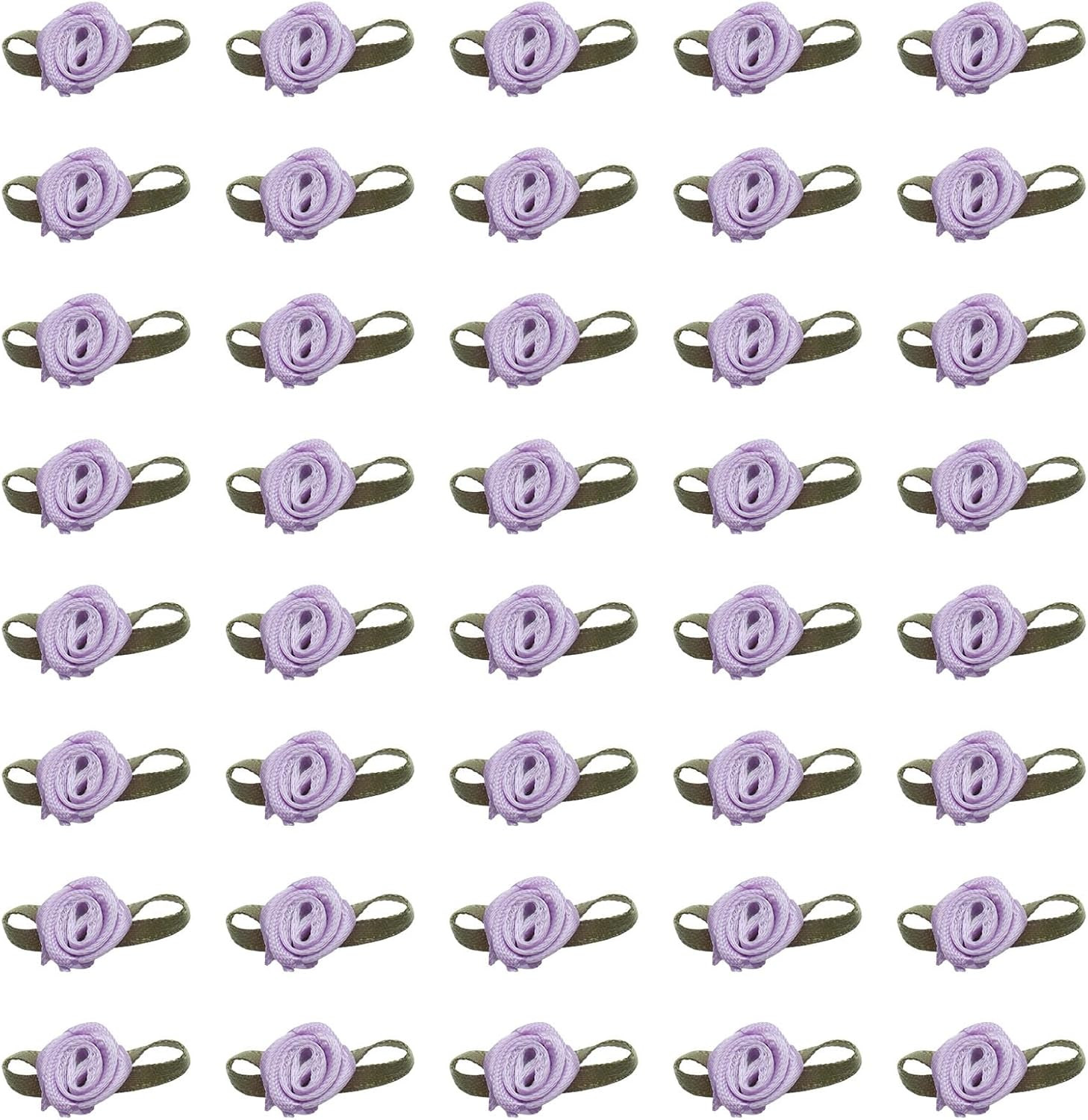 50 Pcs Satin Roses with Green Leaves Mini Cute Ribbon Bows Fabric Artificial Flo
