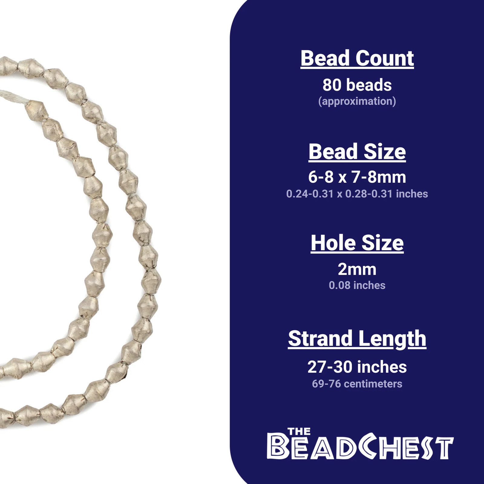 Ethiopian White Metal Bicone Beads 8x7mm African Silver Large Hole Handmade
