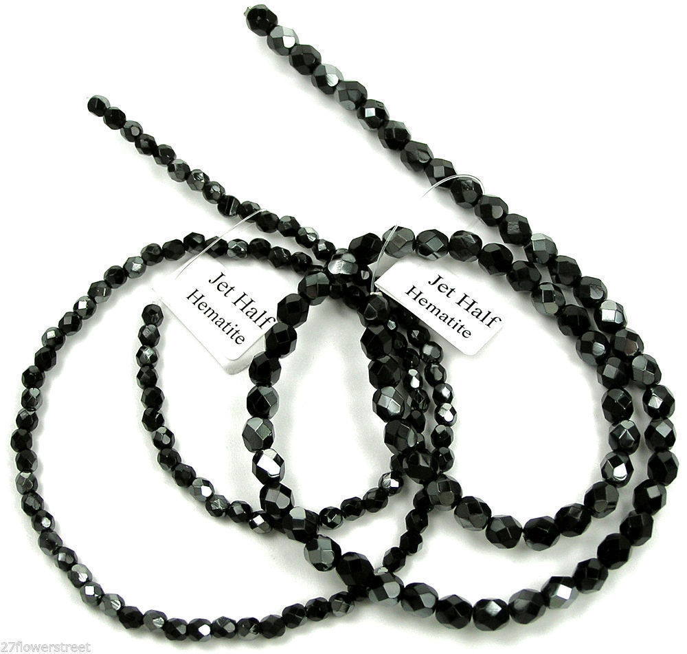 Czech Fire Polished Round Faceted Glass Beads in Jet Hematite Half coated, 16″