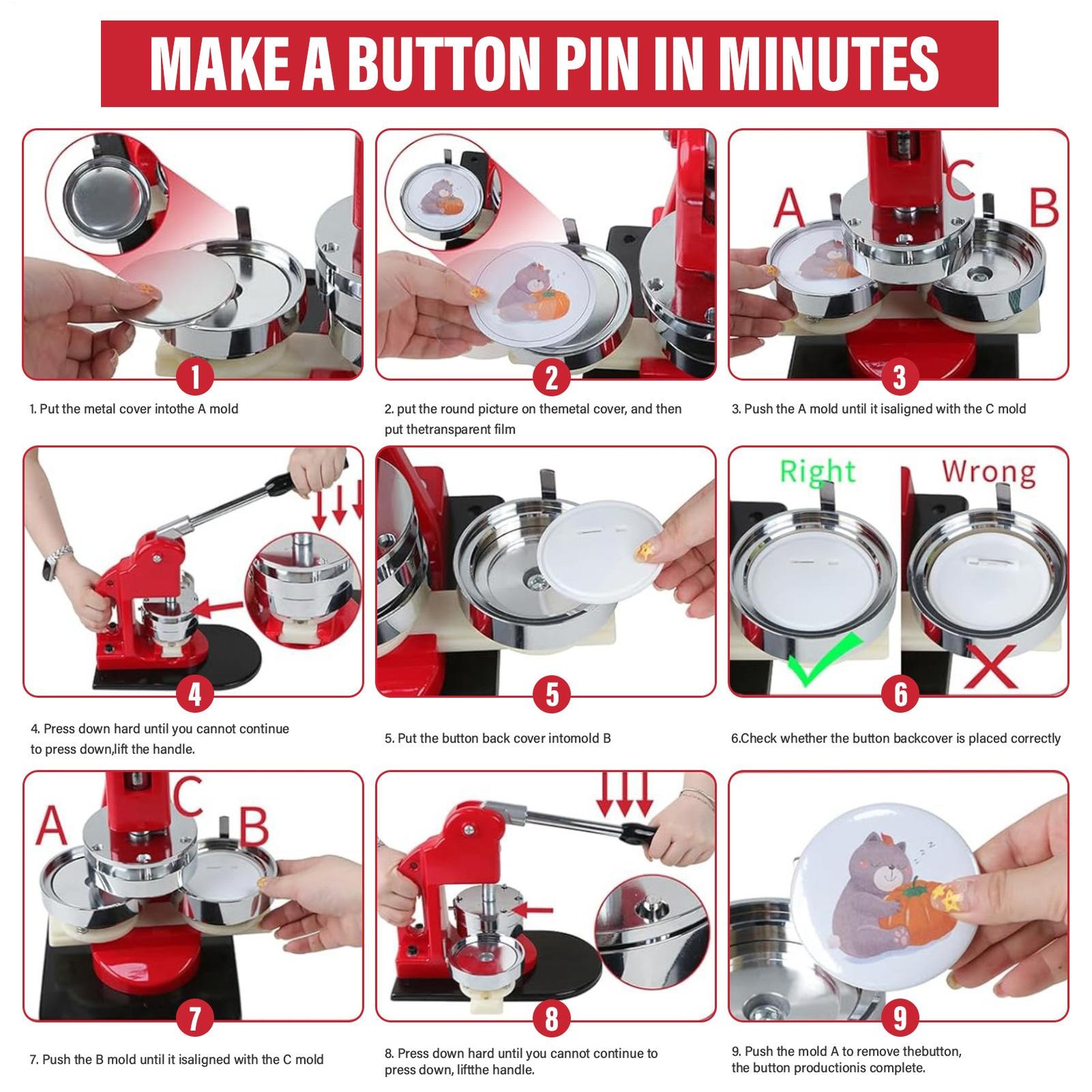 Button Maker Machine Multiple Sizes 300Pcs, Photo Pin Badge Maker 1.25+2.28+3In