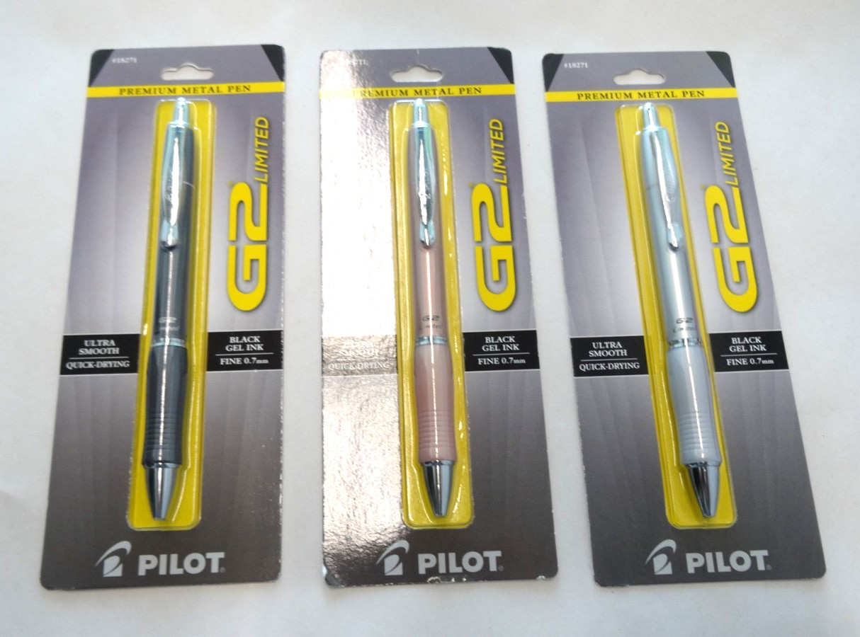 Lot of 3 Pilot G2 Limited Rolling Ball Gel Pens Fine Point Gray, Gold, Silver