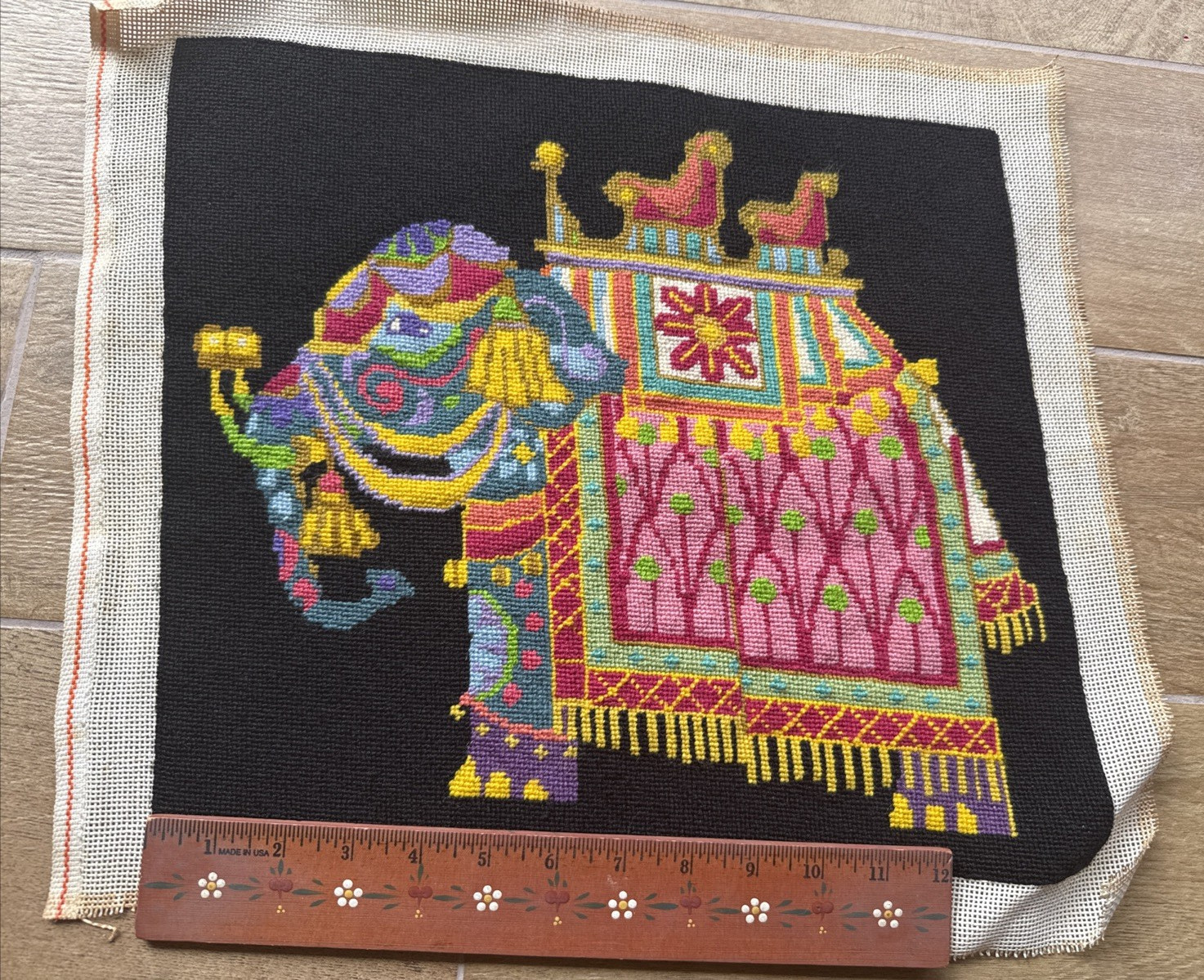 Finished Colorful Indian India Elephant Vintage Needlepoint Crewel Canvas