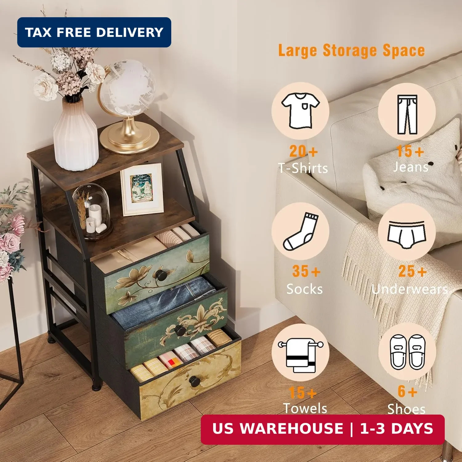 Dresser with Fabric Drawers Nightstand with 2 Tier Shelf Storage Tower