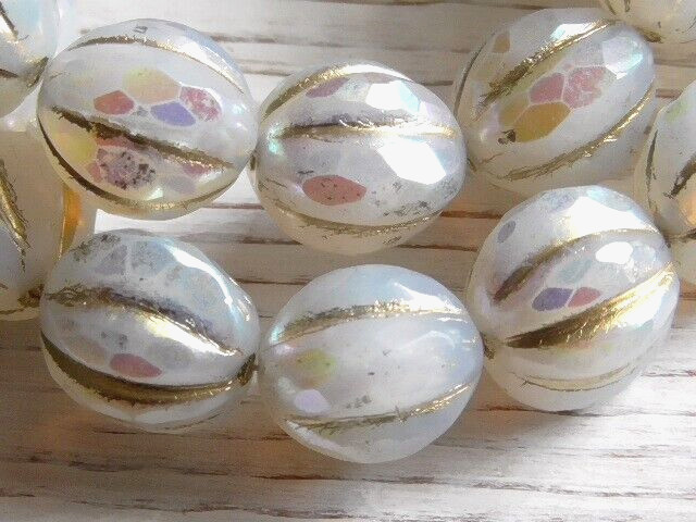 6 – 10mm CZECH TRANSLUCENT FACETED WHITE OPALINE AB GOLD WASH MELON GLASS BEADS