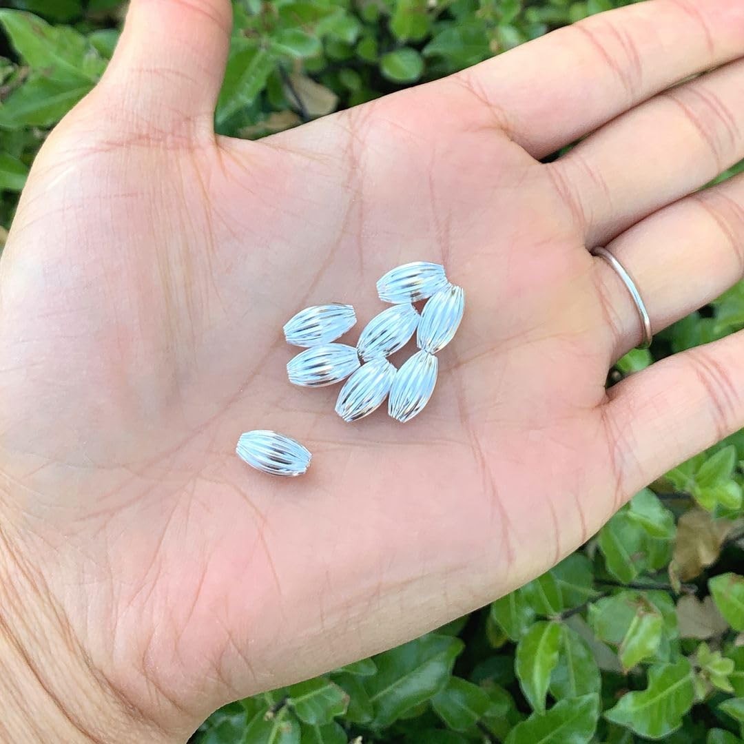 100pcs Beautiful Corrugated Oval Melon Loose Beads 10mm X 6mm Rice Spacer Silver