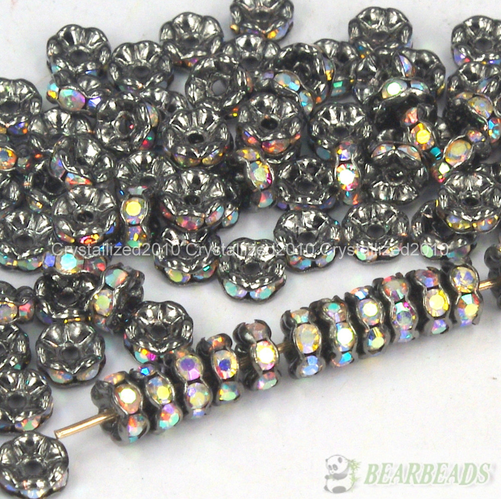 100Pcs Czech Crystal Rhinestone Gunmetal Wavy Rondelle Spacer Beads 4mm 8mm 10mm