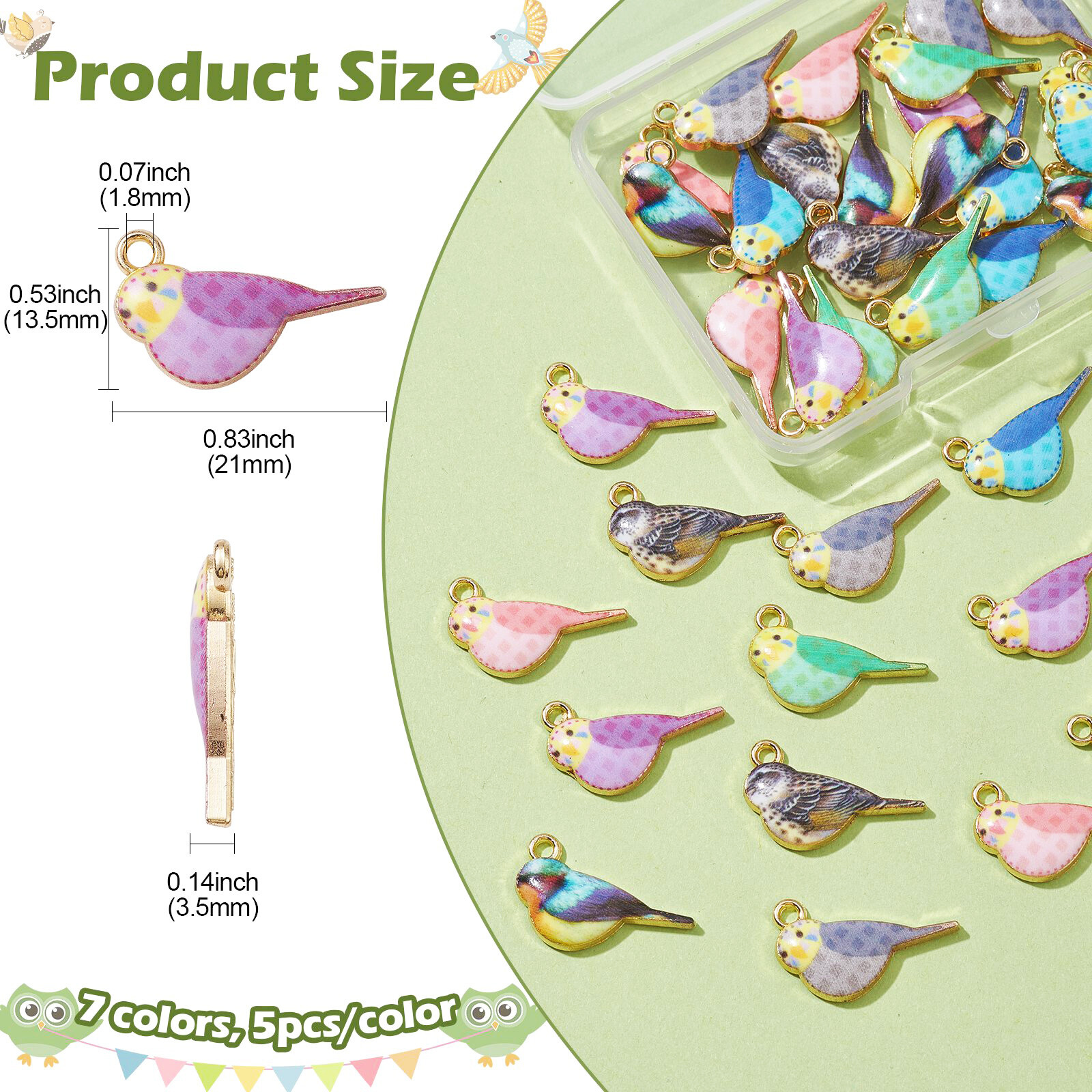 35Pcs 7 Colors Printed Alloy Pendants Bird Charm Birdie Charms for DIY Jewelry