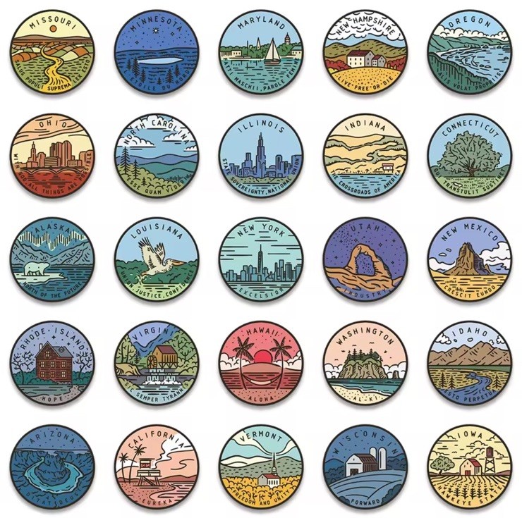 50 USA State Stickers Pack Vinyl 2” Diameter All 50 United States Of America