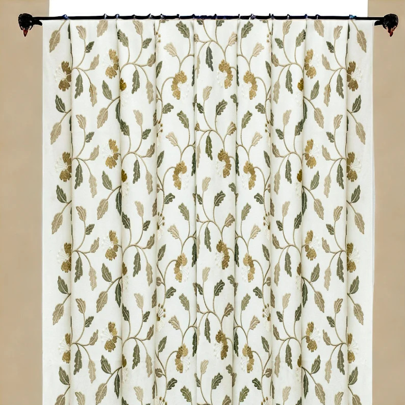 Ivory, Mustard Cotton with Embroidery Fabric by the Yard, 1 Yard Ivory Fabric