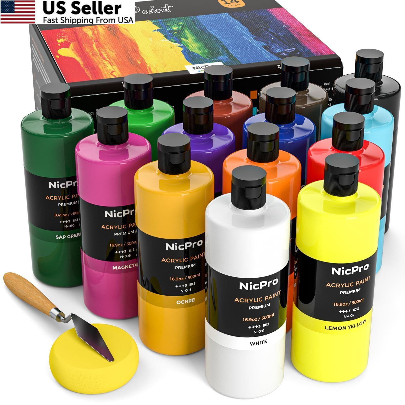 Nicpro 14 Colors Large Bulk Acrylic Paint 16.9 Fl Oz (Pack of 14), 14