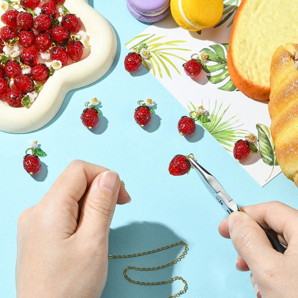 30Pcs Acrylic Lampwork Pendants, Red Strawberry Cute Charms for DIY Crafts