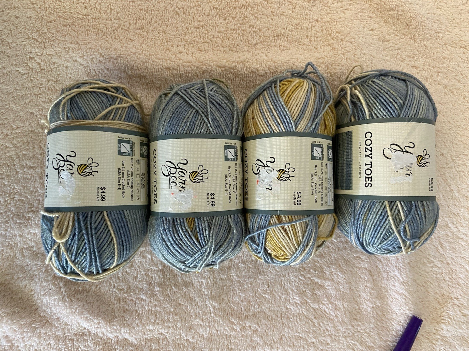 Yarn Bee Cozy Toes Sock Yarn Super Fine 75/25 Wool Nylon Blue Tan Lot 4